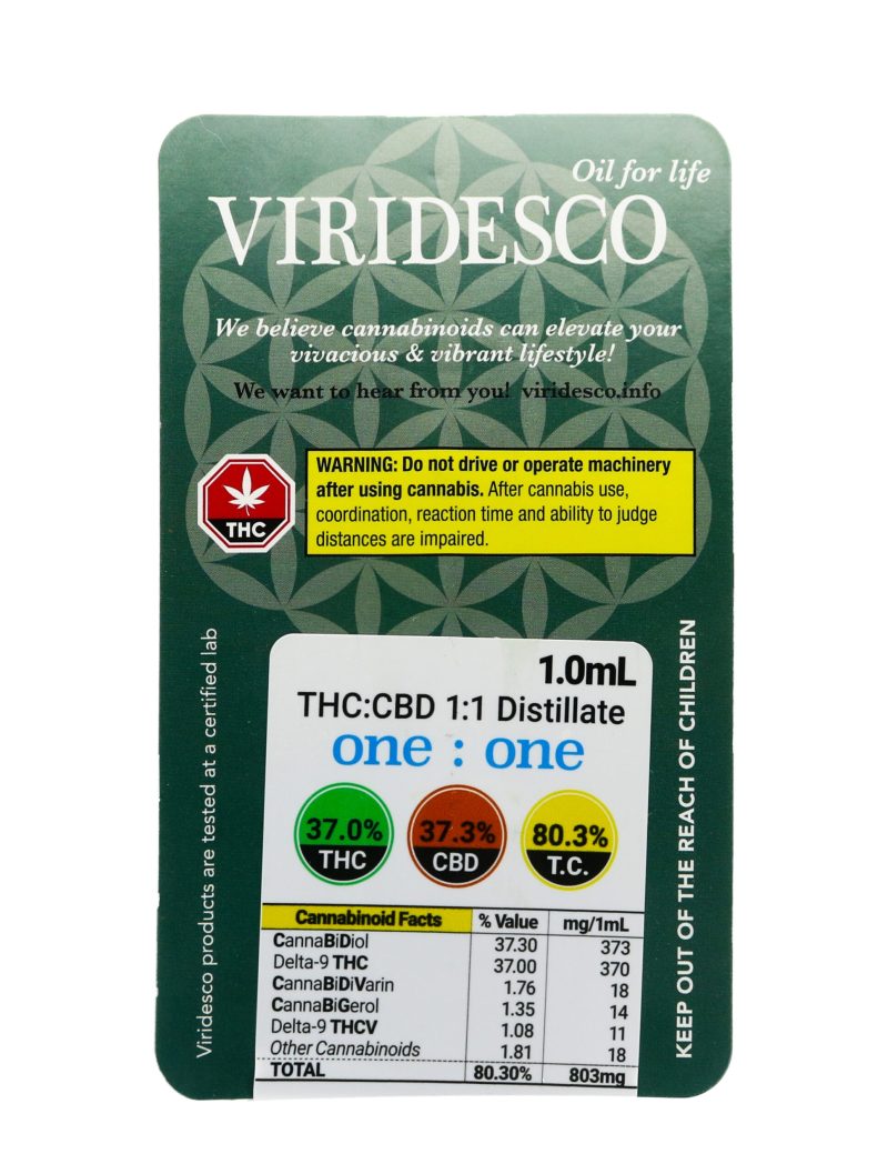 Viridesco Vape Cartridge 1:1 THC:CBD (1ml) - Image 2